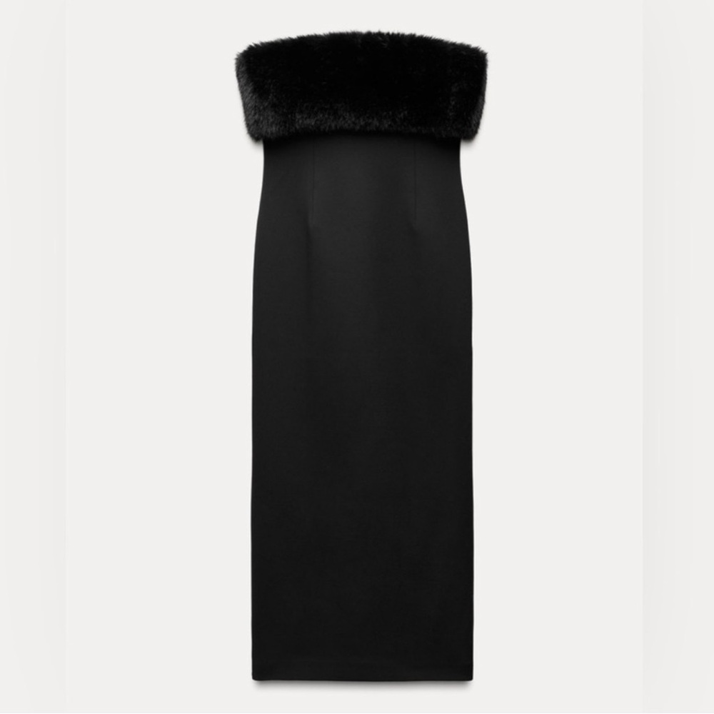 NEW WITH TAGS ZARA BLACK FAUX FUR TRIM STRAPLESS CONTRASTING MAXI DRESS
